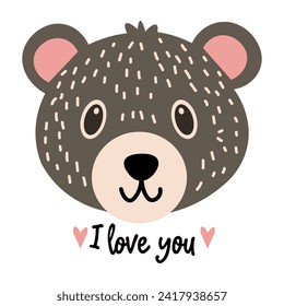 Smiling, happy, and affectionate bear in Scandinavian style, brown with earth-toned details and the phrase "I love you" in typography. Simple minimal vector illustration.