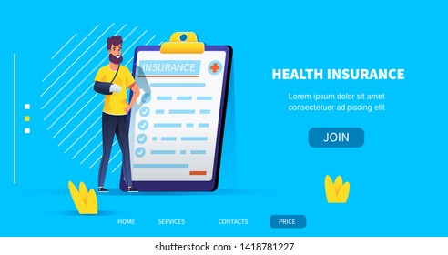 smiling happy Bearded man with broken hand and insurance form. Illustration concept for web page. site landing page