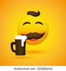 Smiling Happy Beer Lover Man - Simple Emoji, Emoticon with Closed Eyes, Mustache and a Mug of Beer on Yellow Background - Vector Design for Web, Social Media or Instant Messaging