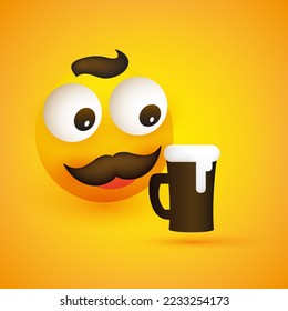 Smiling Happy Beer Lover - Simple 3D Emoji, Emoticon with Pop Out Eyes, Mustache and a Mug of Beer on Yellow Background - Vector Design for Web and Instant Messaging