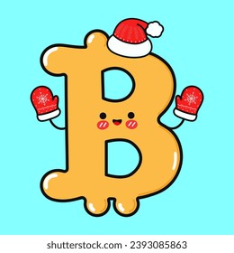 Smiling happy Bitcoin Sign and christmas. Vector flat cartoon character illustration icon design. Isolated on blue background