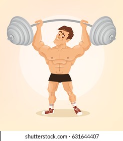 Smiling happy bodybuilder man character lifts barbell. Vector flat cartoon illustration