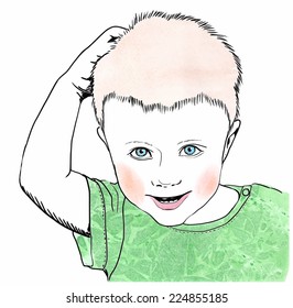 Smiling happy boy of about three years old with one hand up? wearing a green t-shirt. A sketch with watercolor elements.