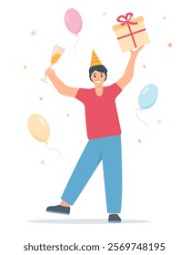 Smiling happy boy celebrating. Young man with gift box, balloons and drink. Fun birthday, Party, holiday, sale concept. Vector character illustration.