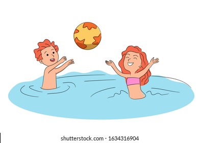 Smiling happy boy and girl play ball in swimming pool. Kids have fun in aqua park. Cheerful children splash in water. Joyful time and recreation. Excited kids friends characters. Vector Illustration
