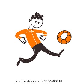 Smiling happy boy plays with ball isolated on white background. Vector illustration. Doodle teenager run.