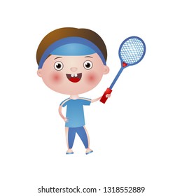 Smiling happy boy plays tennis isolated on white background