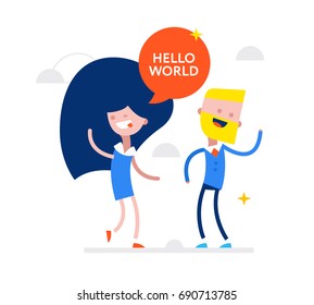 Smiling happy business colleagues. Business man and woman with dialog speech bubbles on white background