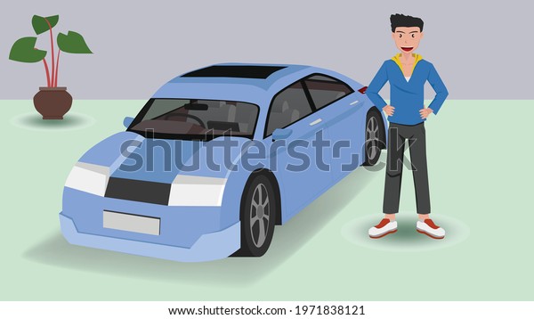 Smiling\
happy car buyer male character showing new car. With both hands on\
the waist. Vector flat cartoon\
illustration.