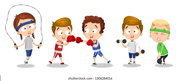 Smiling happy cartoon children sport exercising. Jumping rope, boxing and lifting weights vector illustration. Strong and sport concept. Isolated on white background