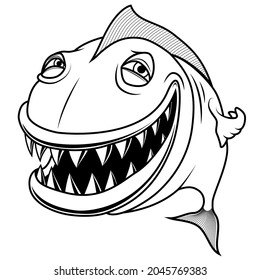 Smiling happy cartoon fish. Funny vectorial line illustration. Isolated on white background.