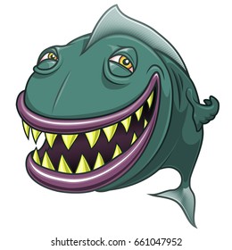 Smiling happy cartoon fish. Funny vectorial illustration. Isolated on white background.