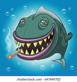Smiling happy cartoon fish with red eyes smoking marijuana underwater. Vectorial illustration.