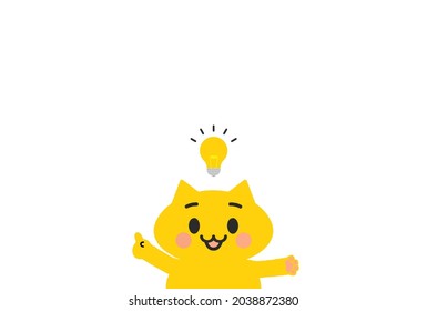 Smiling Happy cat with Bright miniature Light bulb icon isolated on white background. Image for innovation, solution, education, good idea.