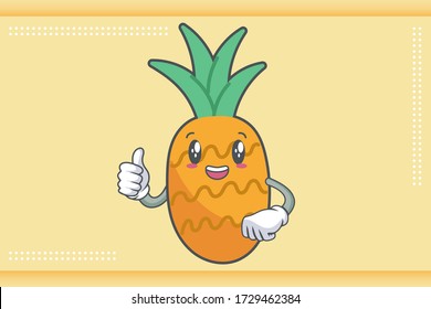 SMILING, HAPPY, cheerful Face Emotion. Thumb Up Hand Gesture. Pineapple Fruit Cartoon Drawn Mascot Illustration.
