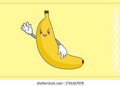 SMILING, HAPPY, cheerful Face Emotion. Waving Hand Hand Gesture. Banana Fruit Cartoon Drawing Mascot Illustration.