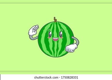 SONRIENDO, FELIZ, alegre Emoción facial. Saludo a Hand Gesture. Dibujo de dibujos de mascotas con dibujos animados con frutas de sandía.