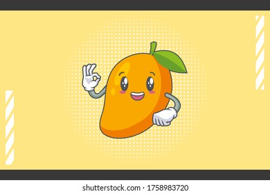 SMILING, HAPPY, cheerful Face Emotion. OK Nice Hand Gesture. Yellow Mango Fruit Cartoon Drawing Mascot Illustration.