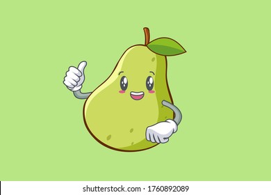 SMILING, HAPPY, cheerful Face Emotion. Thumb Up Hand Gesture. Green Pear Fruit Cartoon Drawing Mascot Illustration.