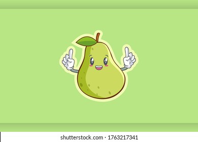 SMILING, HAPPY, cheerful Face Emotion. Double Forefinger Hand Gesture. Green Pear Fruit Cartoon Drawing Mascot Illustration.