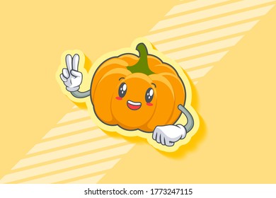 SMILING, HAPPY, cheerful Face Emotion. Peace Hand Gesture. Yellow, Orange Pumpkin Fruit Cartoon Drawing Mascot Illustration.