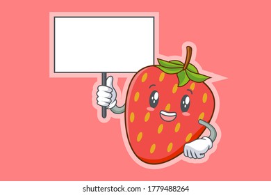 SMILING, HAPPY, CHEERFUL Face Emotion. Holding Whiteboard Hand Gesture. Red Strawberry Fruit Cartoon Drawing Mascot Illustration.