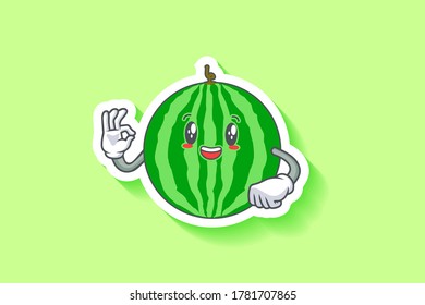 SMILING, HAPPY, CHEERFUL Face Emotion. Nice Hand Gesture. Watermelon Fruit Cartoon Drawing Mascot Illustration.