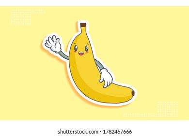 SMILING, HAPPY, CHEERFUL Face Emotion. Waving Hand Gesture. Banana Fruit Cartoon Drawing Mascot Illustration.