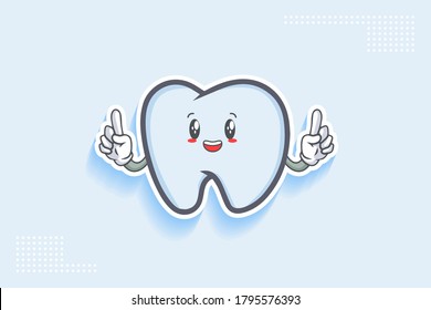 SMILING, HAPPY, CHEERFUL Face Emotion. Double forefinger Hand Gesture. Tooth Cartoon Drawing Mascot Illustration.