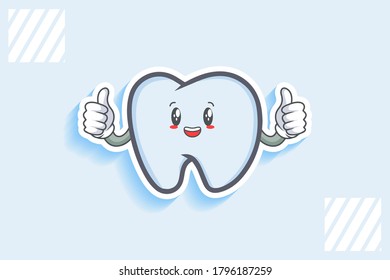 SMILING, HAPPY, CHEERFUL Face Emotion. Double Thumb up Hand Gesture. Tooth Cartoon Drawing Mascot Illustration.