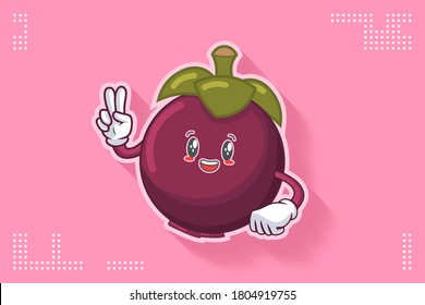 SMILING, HAPPY, CHEERFUL Face Emotion. Peace Hand Gesture. Mangosteen Fruit Cartoon Drawing Mascot Illustration.