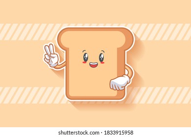 SMILING, HAPPY, CHEERFUL Face Emotion. Peace hand Gesture. Bread Food Cartoon Drawing Mascot Illustration.