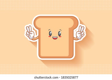 SMILING, HAPPY, CHEERFUL Face Emotion. Double Peace hand Gesture. Bread Food Cartoon Drawing Mascot Illustration.