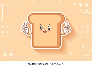 SMILING, HAPPY, CHEERFUL Face Emotion. Double Forefinger Gesture. Bread Food Cartoon Drawing Mascot Illustration.