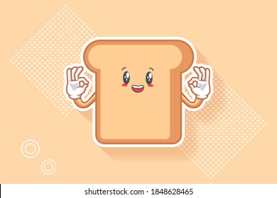 SMILING, HAPPY, CHEERFUL Face Emotion. Nice Hand Gesture. Bread Food Cartoon Drawing Mascot Illustration.