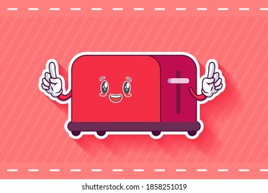 SMILING, HAPPY, CHEERFUL Face Emotion. Double Forefinger Gesture. Toaster Cartoon Drawing Mascot Illustration.