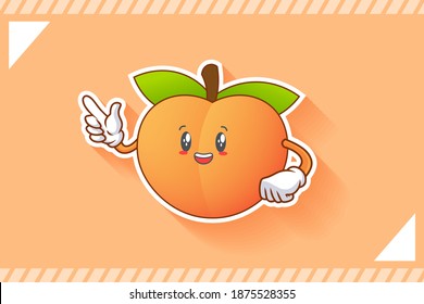 SONRIENDO, FELIZ, ENCANTADOR Emoción facial. Gesto de la pistola de dedo índice. Caricatura de Fruta de Peach Dibujando Ilustración Mascota.