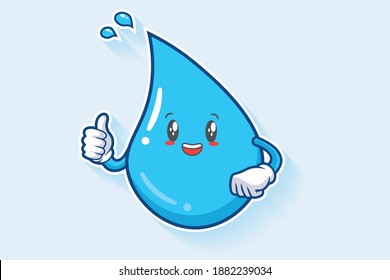 SMILING, HAPPY, CHEERFUL Face Emotion. Thumb Up Hand Gesture. Water Drop Cartoon Drawing Mascot Illustration.