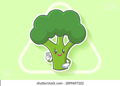 SMILING, HAPPY, CHEERFUL Face Emotion. Nice Finger Hand Gesture. Broccoli Vegetable Cartoon Drawing Mascot Illustration.