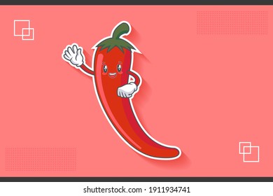 SMILING, HAPPY, CHEERFUL Face Emotion. Waving Hand Gesture. Chili Vegetable Cartoon Drawing Mascot Illustration.
