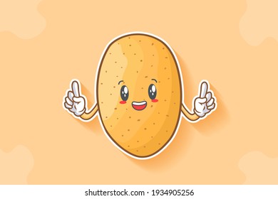 SMILING, HAPPY, CHEERFUL Face Emotion. Double ForeFinger Hand Gesture. Potato Vegetable Character Cartoon Drawing Mascot Illustration.