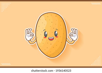 SMILING, HAPPY, CHEERFUL Face Emotion. Double Nice Hand Gesture. Potato Vegetable Character Cartoon Drawing Mascot Illustration.