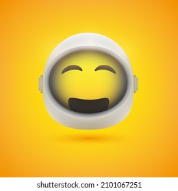 Smiling Happy Cheerful Spaceman Emoji In Space Suit With Helmet On - Modern Style Emoticon Vector Design For Web Or Instant Messaging Apps On Yellow Background