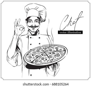 Smiling and happy chef holding pizza and making ok sign. Vector hand drawn illustration on white background.