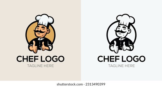 Smiling happy chef with mustache and thumbsup  Happy chef cook in hat isolated on white logo template. Vector illustration.