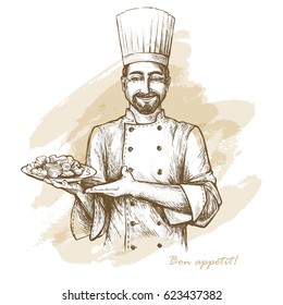 Chef sonriente y feliz con plato. Ilustración vectorial dibujada a mano sobre fondo artístico de acuarela.