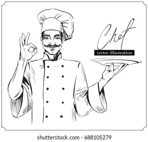 Smiling and happy chef with plate. Vector hand drawn illustration on white background.