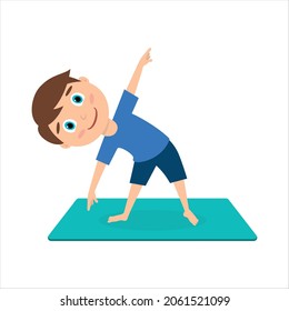 smiling happy Child boy kid doing gymnastic exercises on a mat isolated on white vector illustration