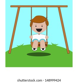 smiling and happy child on swing in playground with summer landscape.