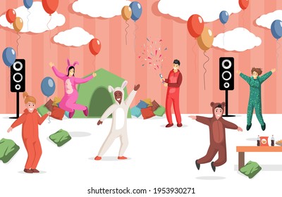 Smiling happy children in bear and rabbit costumes having fun indoor at kids party vector flat illustration. Boys and girls celebrating a birthday at home or kindergarten party.